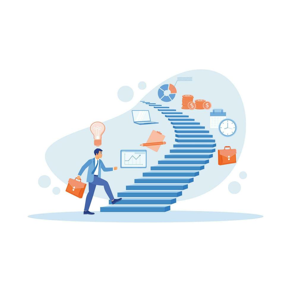 Businessman walking up the stairs with a new business idea to success. Business ideas are along the ladder. Career Development Concept. Trend Modern vector flat illustration