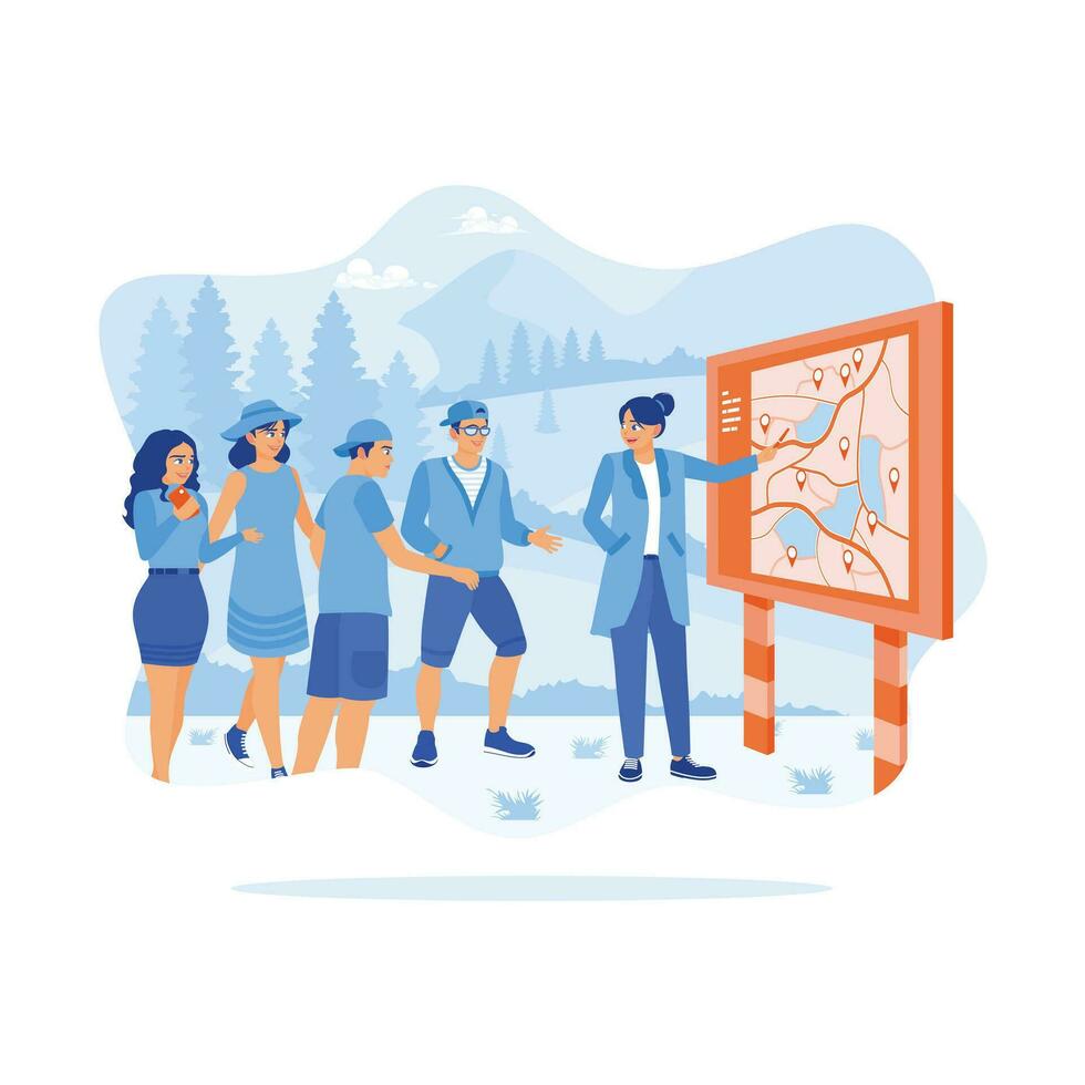 A group of young tourists visiting a tourist attraction. Listen to the tour guide's explanation about the place. Tourist Guide concept. trend modern vector flat illustration