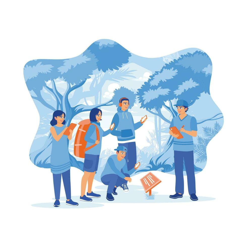 joven turistas son trekking en el bosque con un guía. utilizando un teléfono inteligente durante un viaje en el bosque. turista guía concepto. tendencia moderno vector plano ilustración