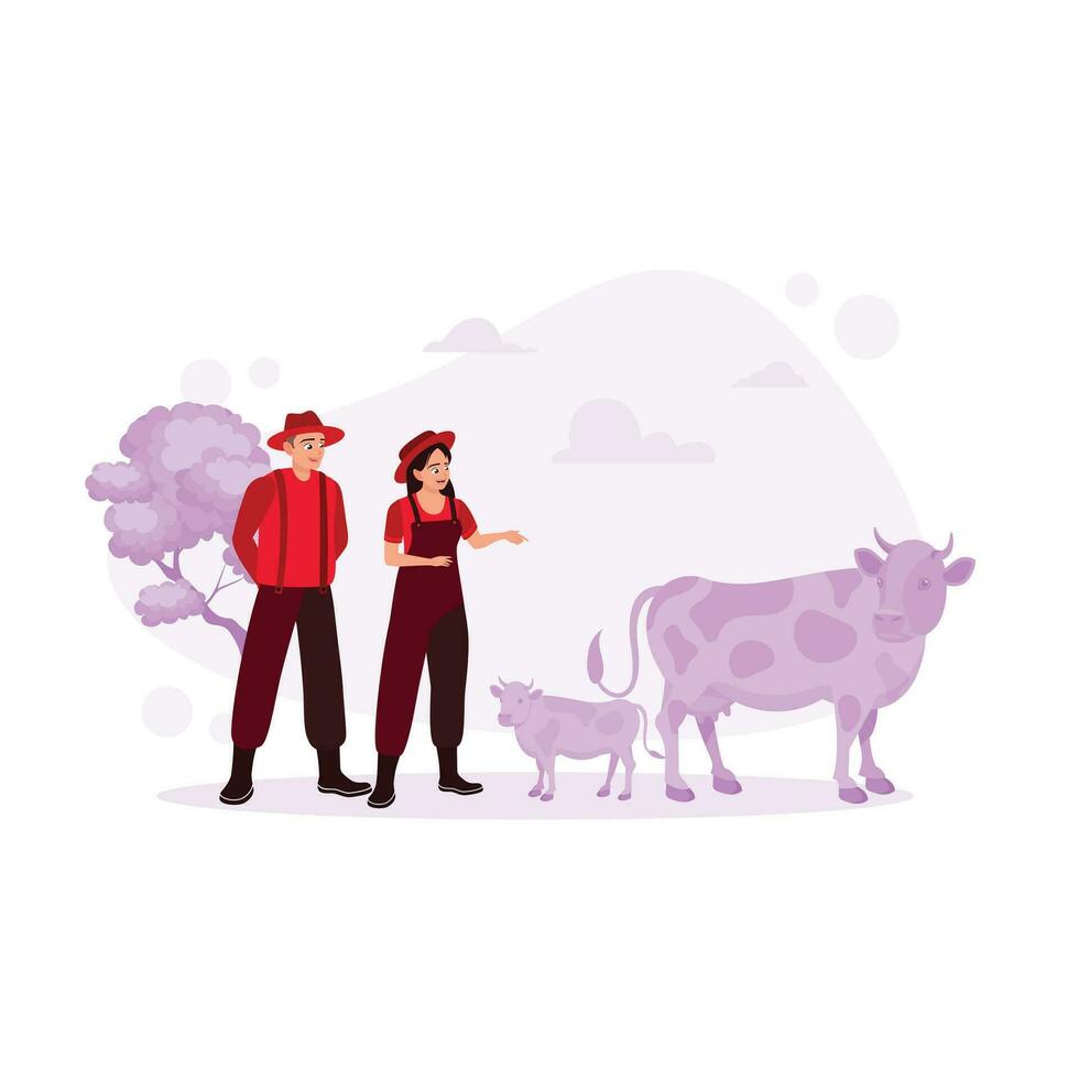 A cattle farmer couple grazes cows in the field. They are happy to see the healthy development of livestock. Relationship concept. Trend Modern vector flat illustration