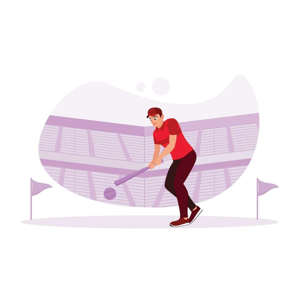 profesional béisbol jugadores en acción en un grande arena. béisbol jugador golpear el pelota con un murciélago cerca arriba. Deportes atleta concepto. tendencia moderno vector plano ilustración