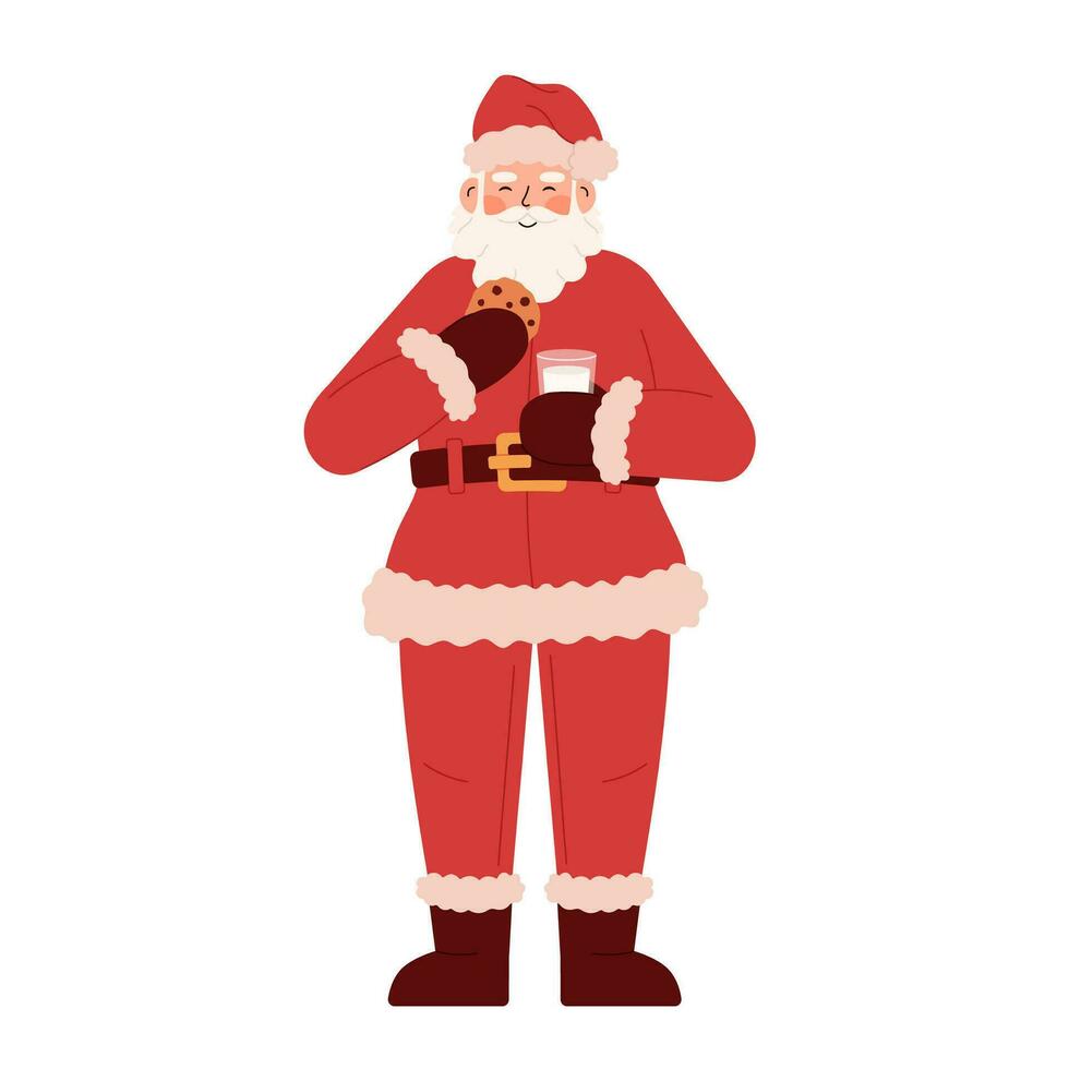 Papa Noel claus come galletas y bebidas leche. linda Papa Noel ilustración aislado en blanco antecedentes. mano dibujado Navidad personaje vector