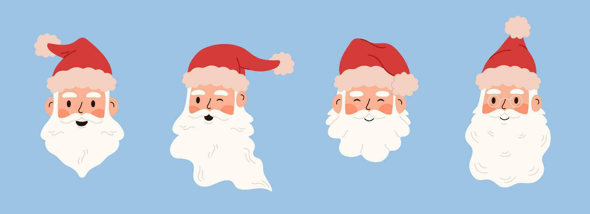 Set with different faces of Santa Claus. Santa in a hat, santa beard, santa in glasses. The character winks, smiles, laughs. Isolated design elements. Hand drawn flat illustration. vector