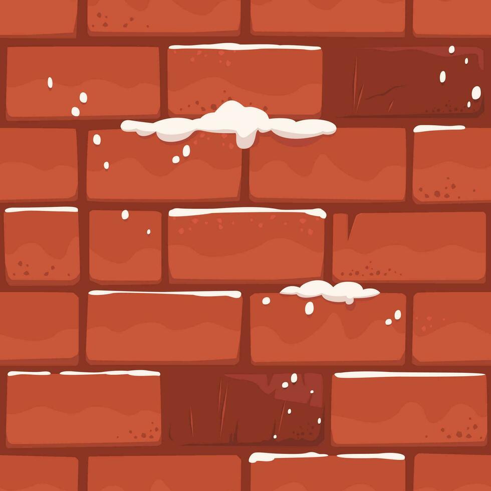 Snow Covered Unfinished Brick Wall, Christmas Background. Cartoon Orange Building Blocks Vector Texture, UI Game Asset, Print.