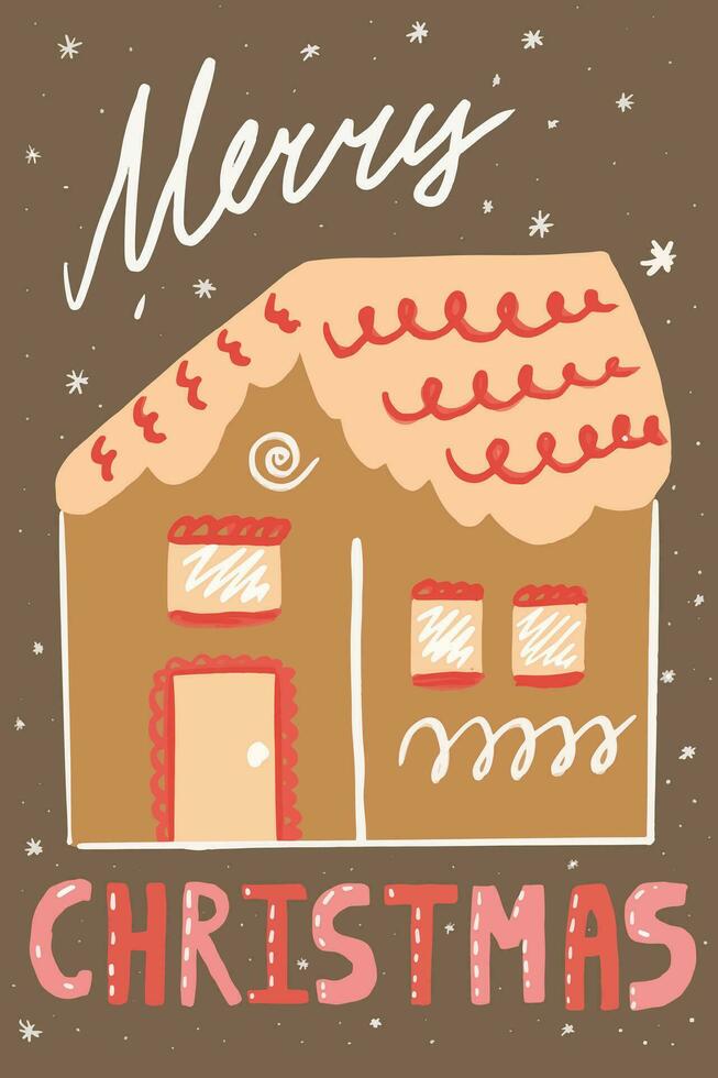 Christmas card with a gingerbread house and the word Christmas on it vector