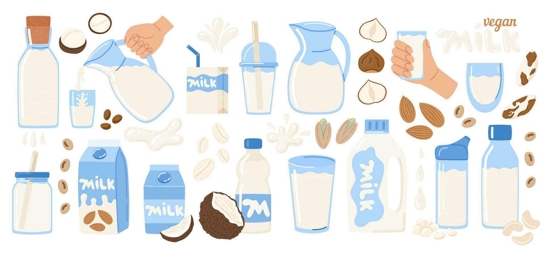 vegano Leche conjunto en diferente paquetes alternativa no lácteo vegetariano beber. sano orgánico lactosa gratis Leche desde Almendras, anacardos, avellana, pistacho. vector ilustración en garabatear estilo