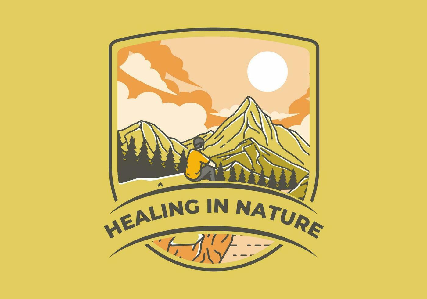 Outdoor illustration of a man sits on a cliff with views of lakes, forests and mountains vector