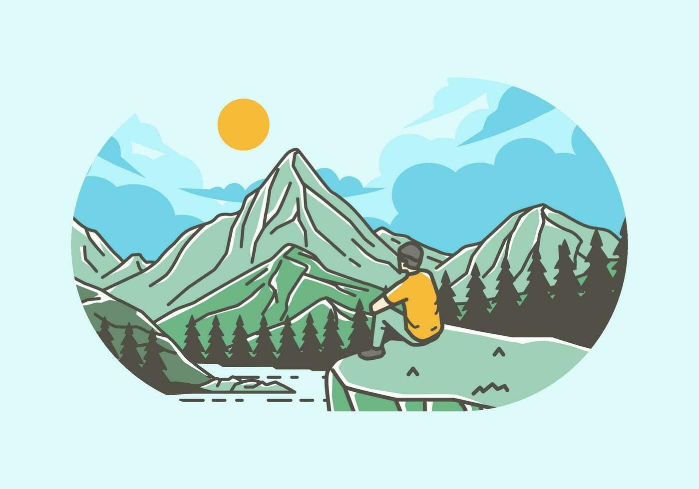 Outdoor illustration of a man sits on a cliff with views of lakes, forests and mountains vector