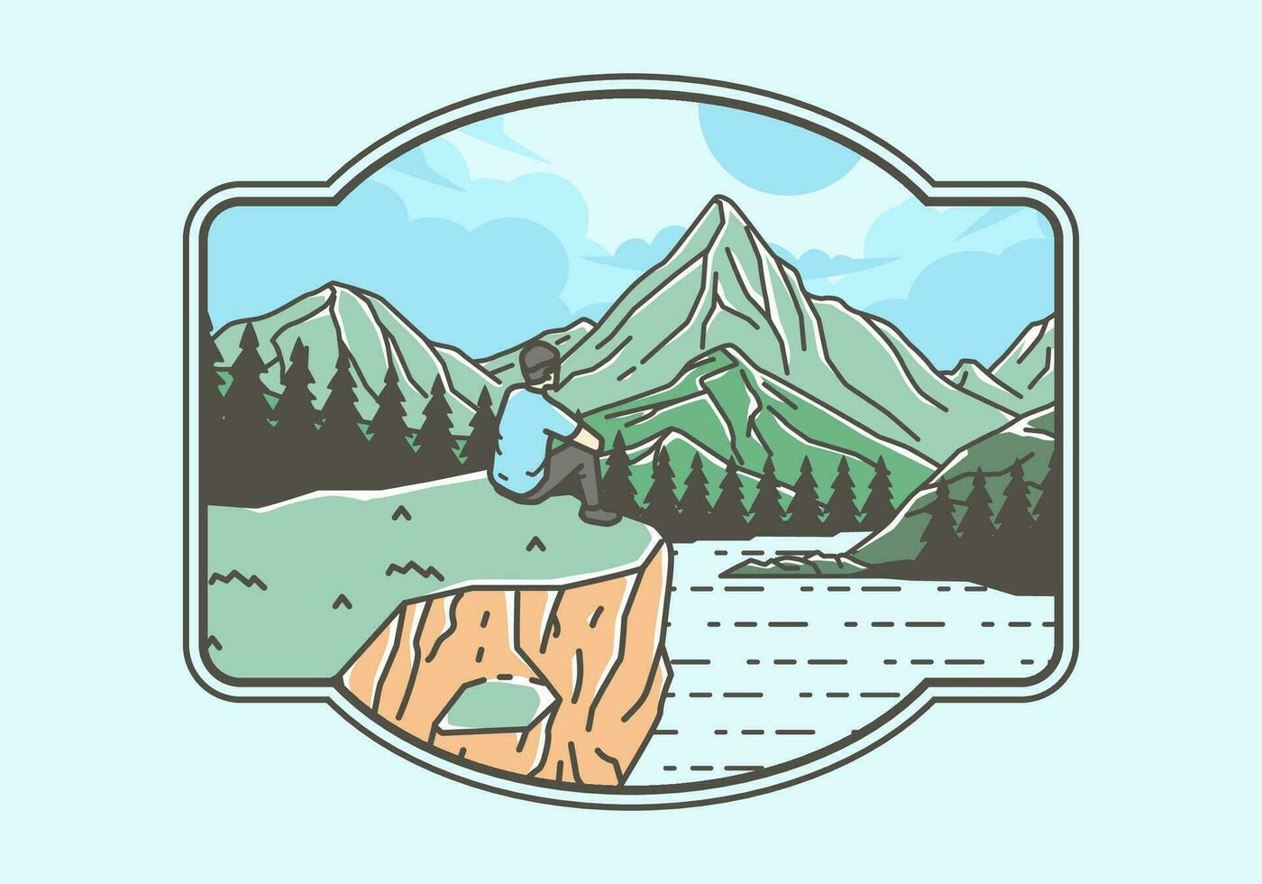 Outdoor illustration of a man sits on a cliff with views of lakes, forests and mountains vector