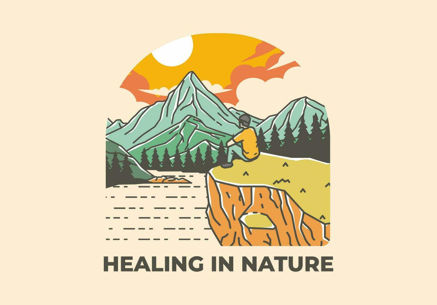 Outdoor illustration of a man sits on a cliff with views of lakes, forests and mountains vector