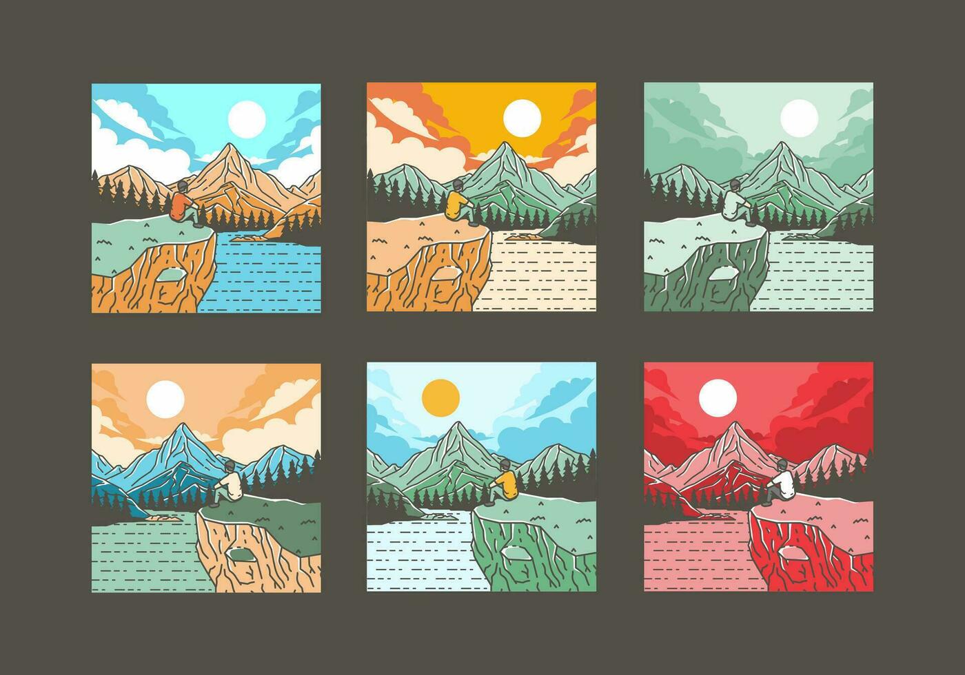 Outdoor illustration of a man sits on a cliff with views of lakes, forests and mountains vector