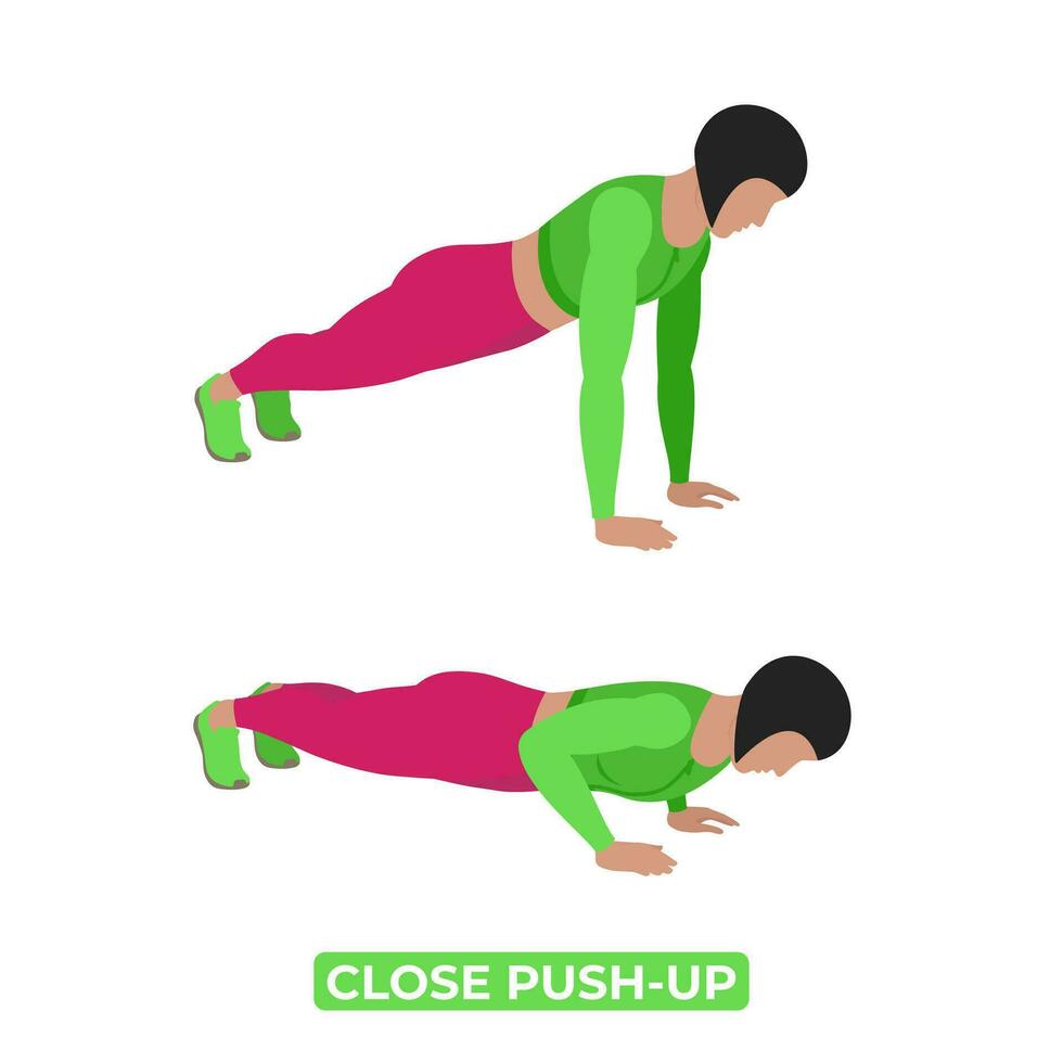 Vector Woman Doing Close Push Up. Bodyweight Fitness Chest Workout Exercise. An Educational Illustration On A White Background.