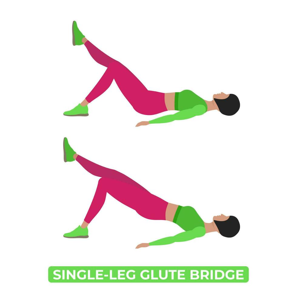 Vector Woman Doing Single Leg Glute Bridge. One Leg Butt Bridge. Bodyweight Fitness Legs Workout Exercise. An Educational Illustration On A White Background.