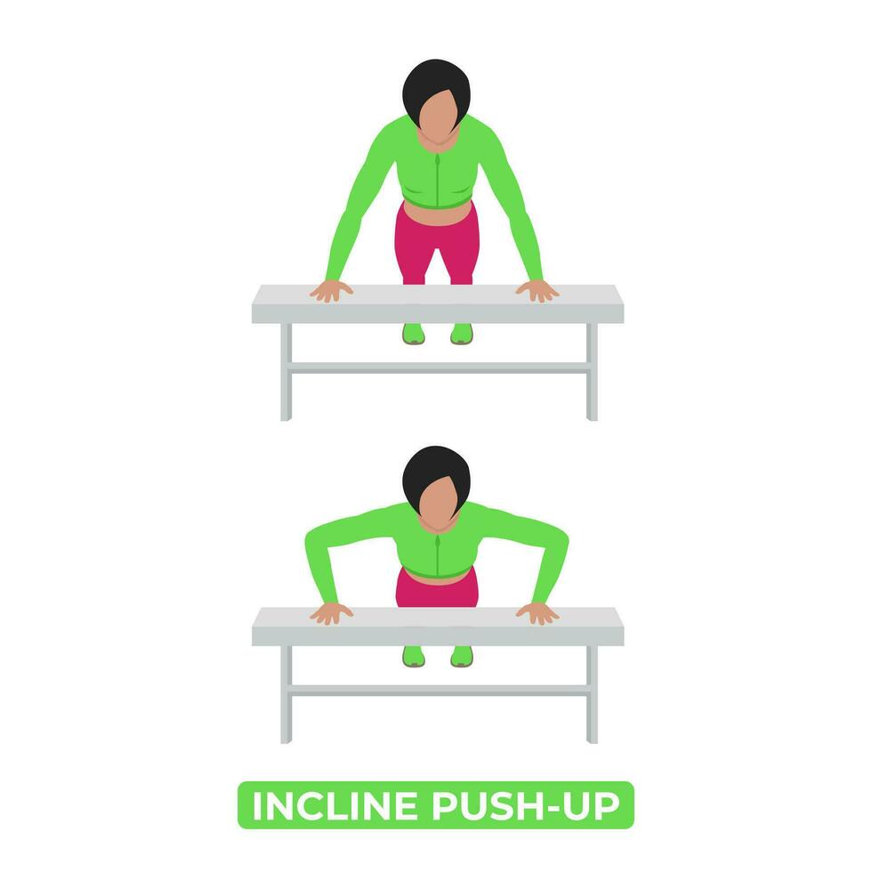 Vector Woman Doing Incline Push Up. Bodyweight Fitness Chest Workout Exercise. An Educational Illustration On A White Background.