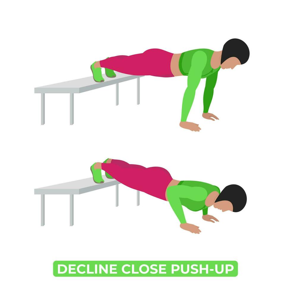 Vector Woman Doing Decline Close Push Up. Bodyweight Fitness Chest Workout Exercise. An Educational Illustration On A White Background.