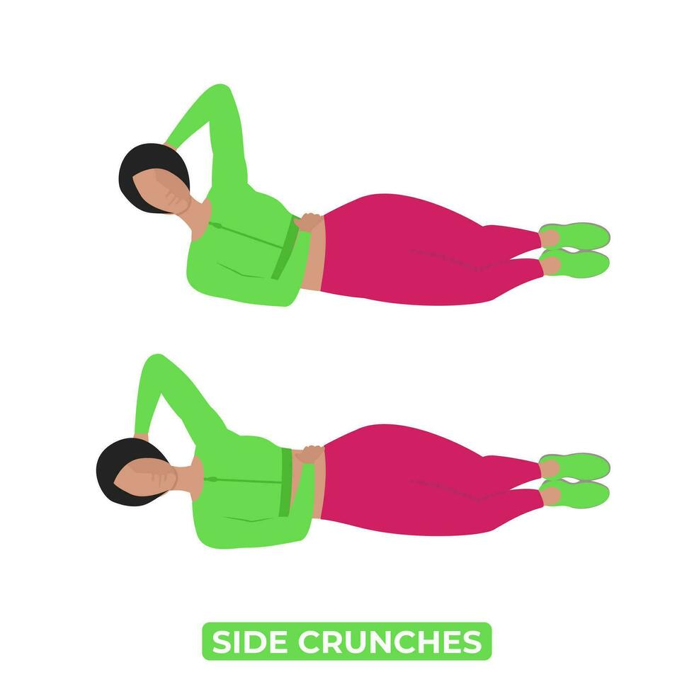 Vector Woman Doing Side Crunches. Bodyweight Fitness Obliques Workout Exercise. An Educational Illustration On A White Background.