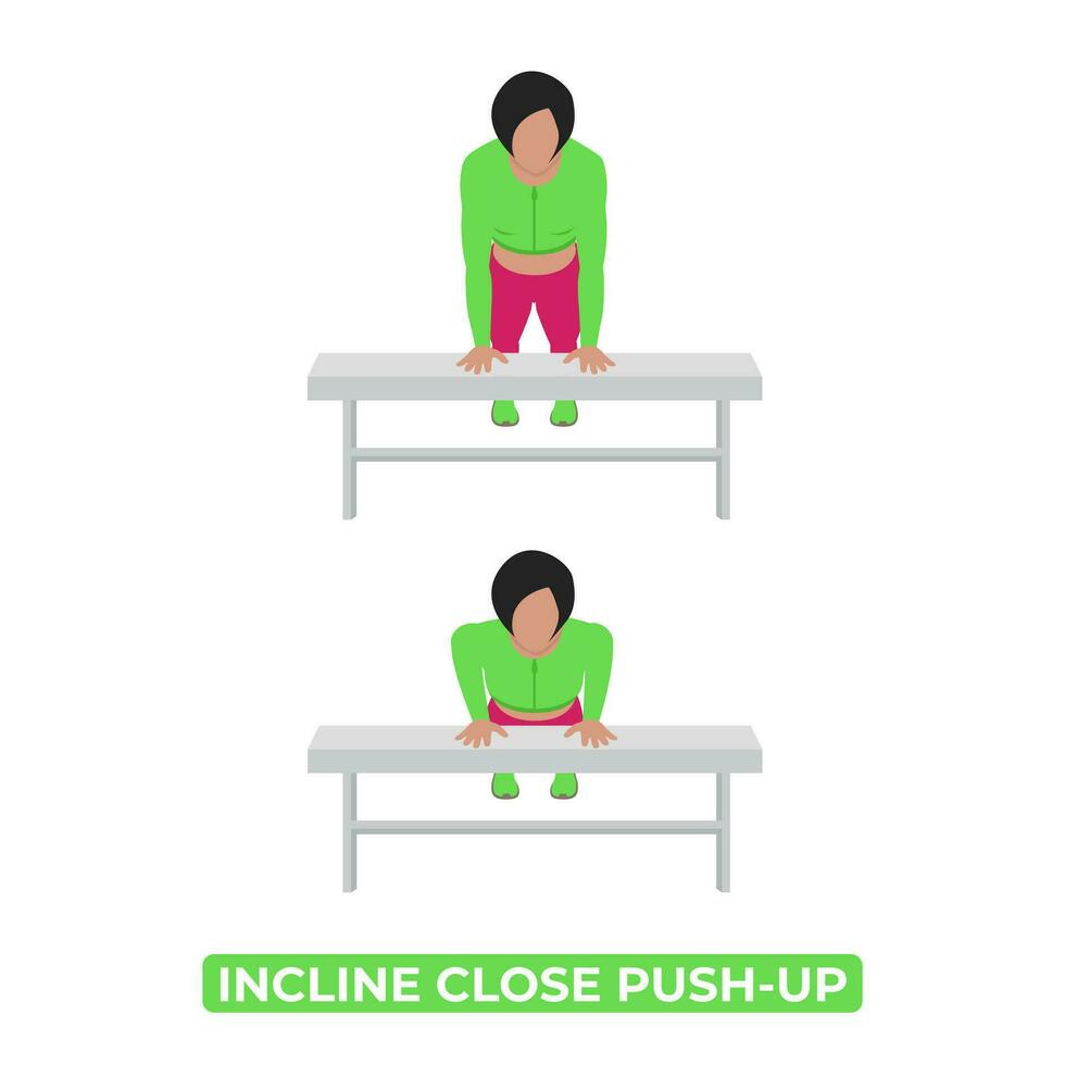 Vector Woman Doing Incline Close Push Up. Bodyweight Fitness Chest Workout Exercise. An Educational Illustration On A White Background.