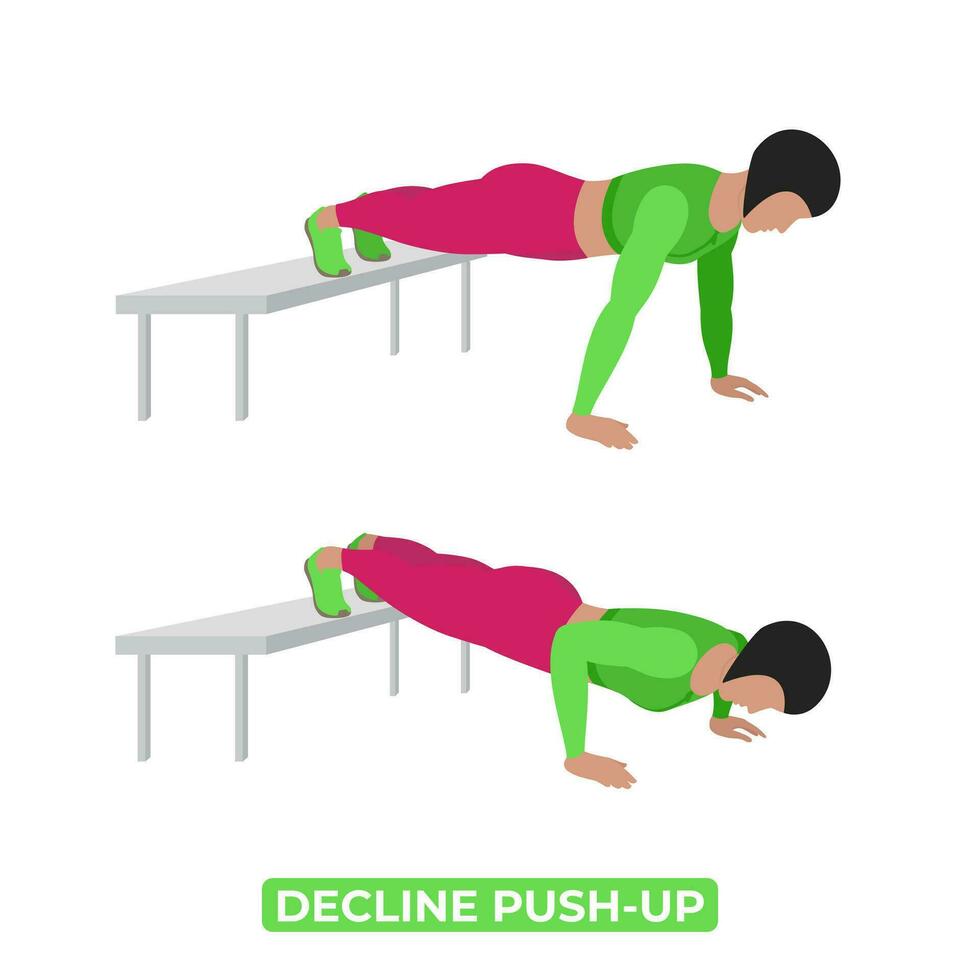 Vector Woman Doing Decline Push Up. Bodyweight Fitness Chest Workout Exercise. An Educational Illustration On A White Background.