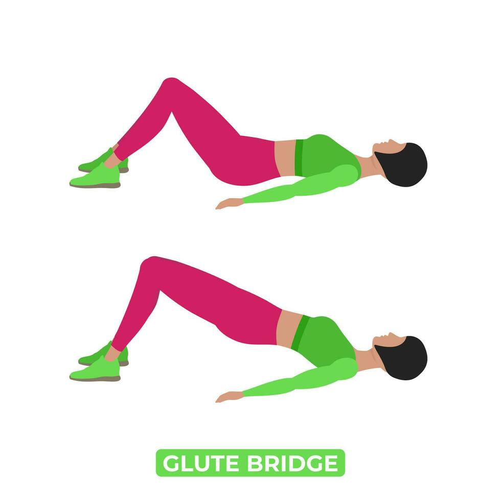 Vector Woman Doing Glute Bridge. Butt Lift. Bodyweight Fitness Legs Workout Exercise. An Educational Illustration On A White Background.