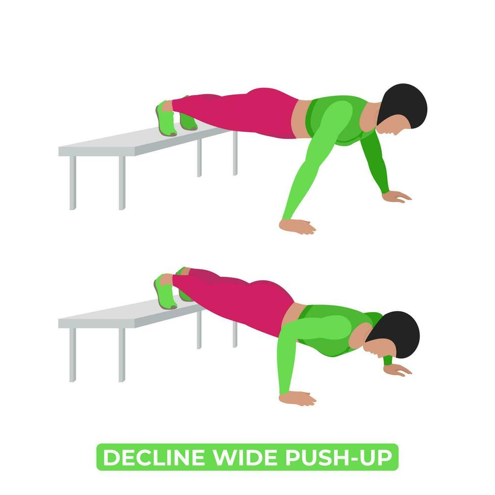 Vector Woman Doing Decline Wide Push Up. Bodyweight Fitness Chest Workout Exercise. An Educational Illustration On A White Background.