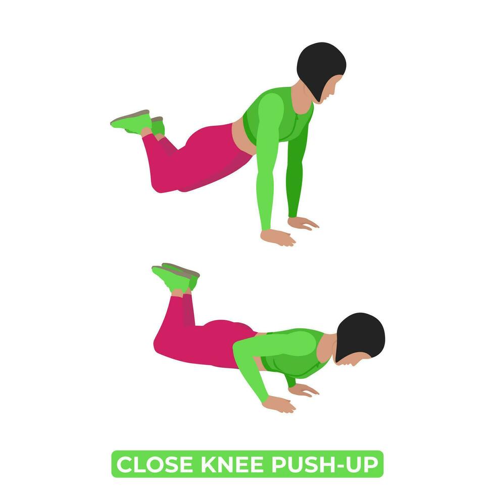 Vector Woman Doing Close Knee Push Up. Bodyweight Fitness Chest Workout Exercise. An Educational Illustration On A White Background.