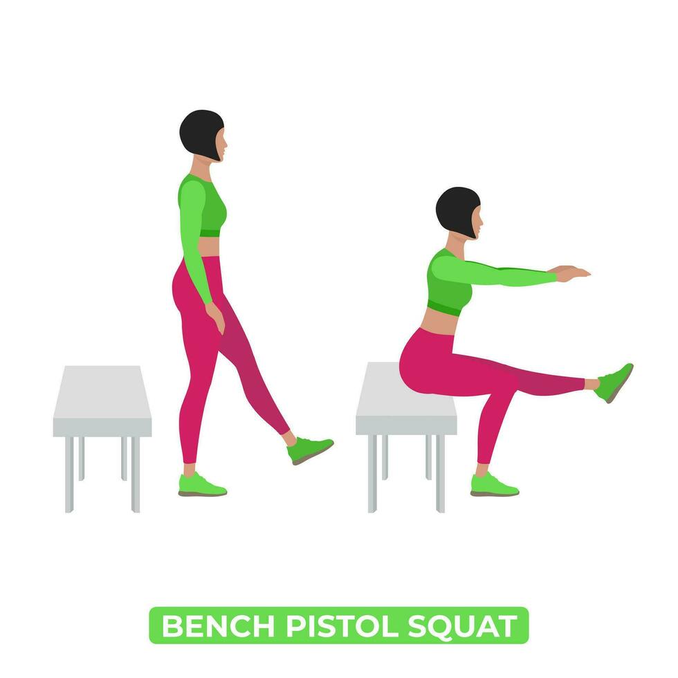 Vector Woman Doing Bench Pistol Squat. One Leg Squat. Bodyweight Fitness Legs Workout Exercise. An Educational Illustration On A White Background.