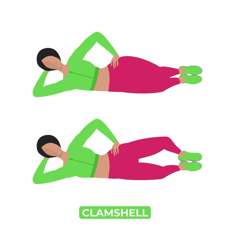 Vector Woman Doing Clamshell. Bodyweight Fitness Legs Glute Workout Exercise. An Educational Illustration On A White Background.