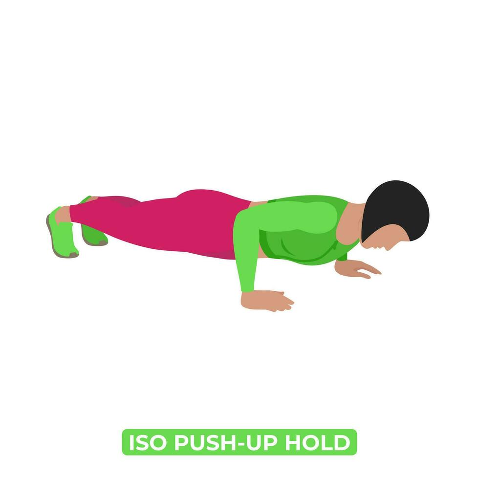 Vector Woman Doing Iso Push Up Hold. Bodyweight Fitness Chest Static Exercise. An Educational Illustration On A White Background.