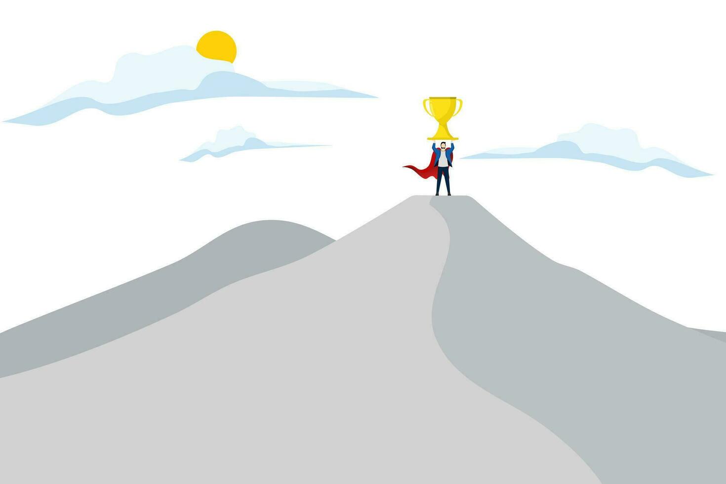 concept of reaching the peak of career or success, towards success, career path or steps to achieve business targets, growth or ambition, man climbs a mountain to lift a career trophy or success. vector