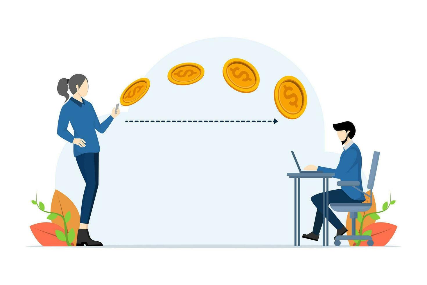 The concept of non-cash payment transactions. Financial transaction, online payment system, currency, coin, online money transfer system, NFC payment system, money transfer, flat vector illustration.