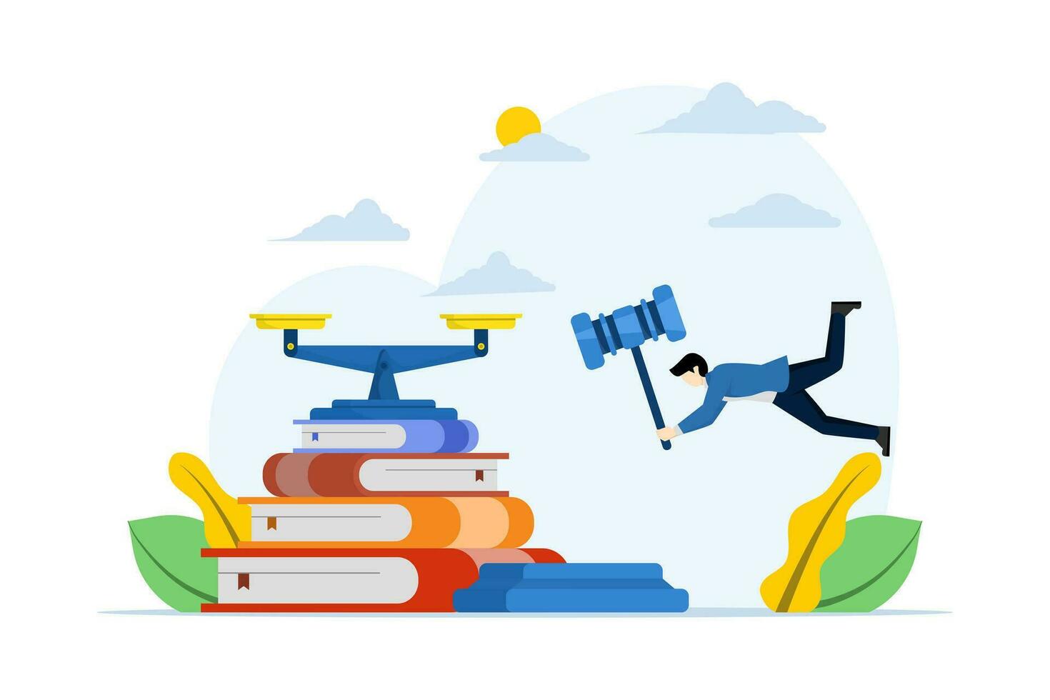 Legal advice concept. Law and justice scene. Characters sign legal contracts, lawyers consult with clients, judge knocks with wooden gavel. Flat cartoon vector illustration and icon.