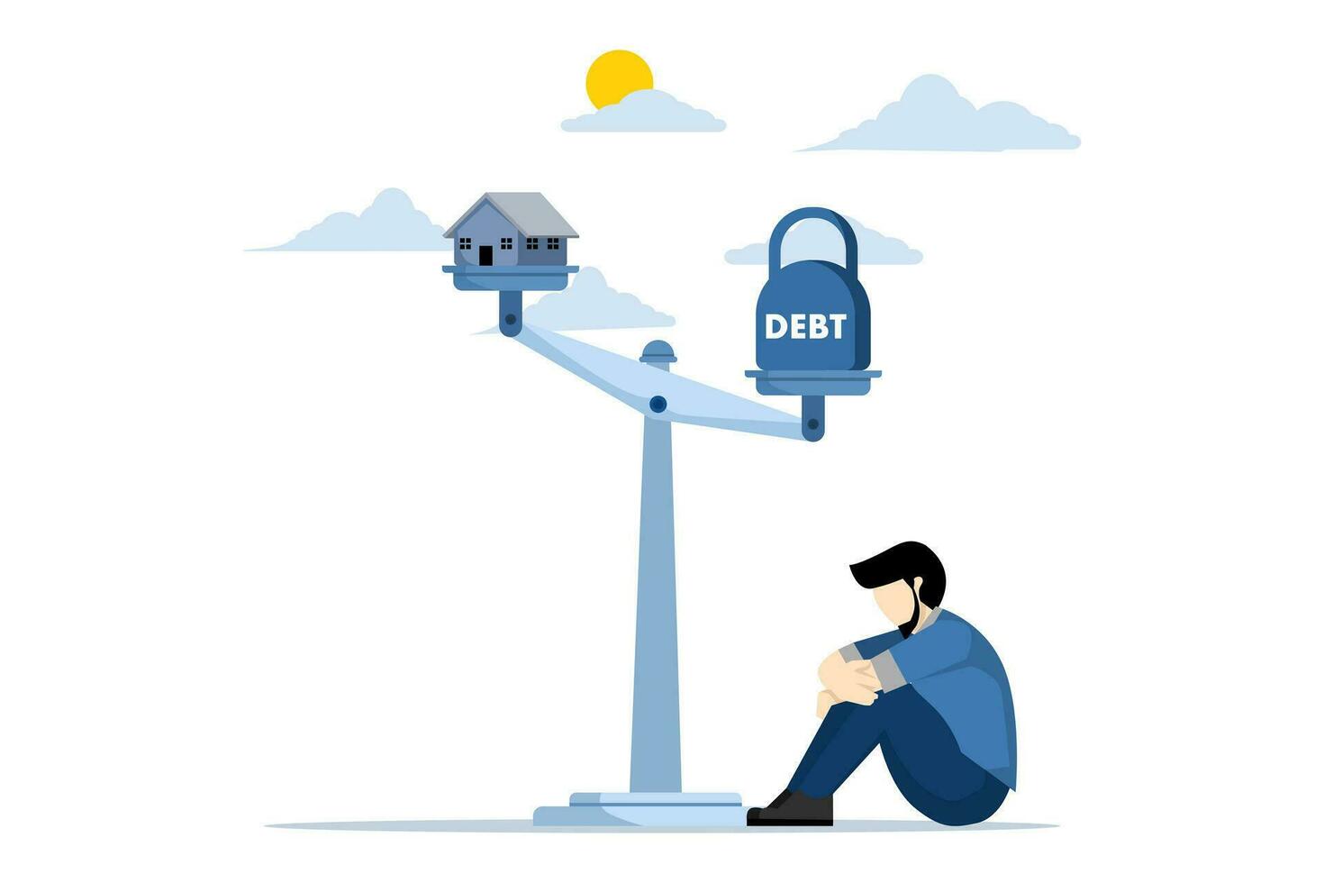 Debt Concept, Financial Planning, Scales for weighing a house and an iron ball as a debt, house collateral debt. business people are stressed because they are unable to pay their debts. vector
