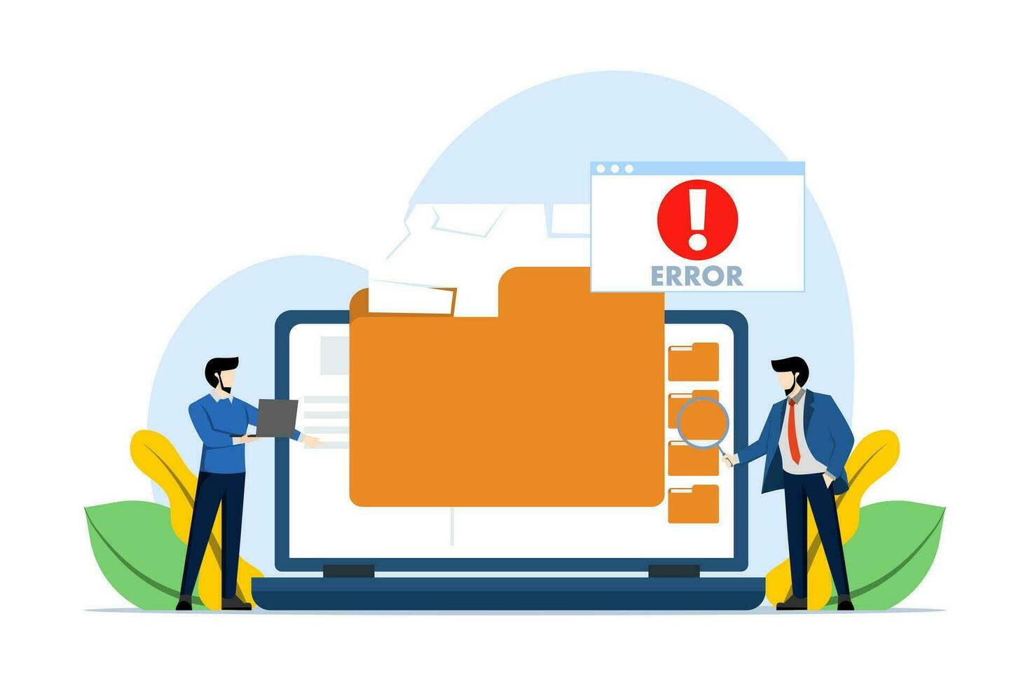 Error and warning concept of damaged or corrupted files. People checking damaged file error warning, Computer diagnostics and digital technology, isolated flat vector illustration.