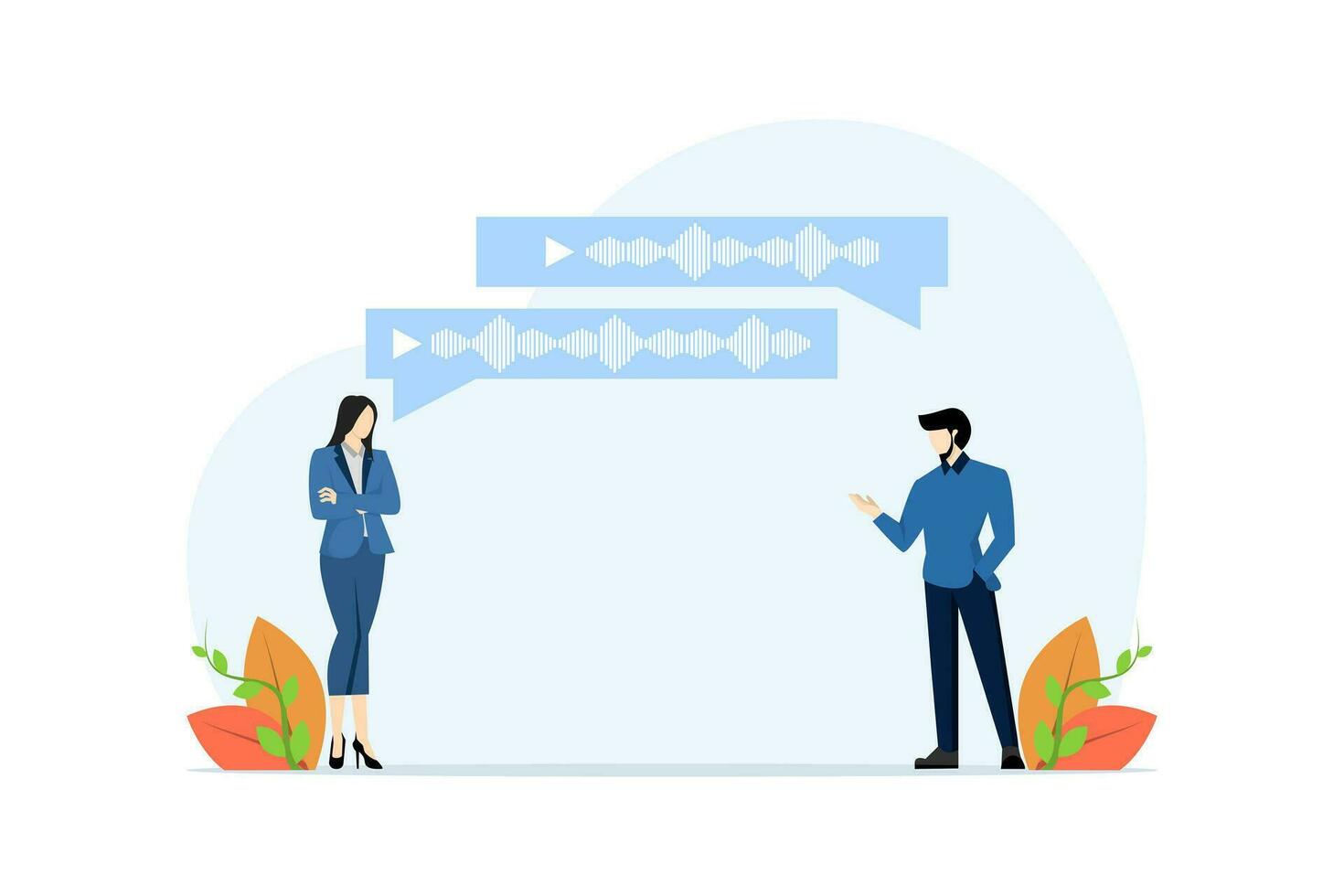 Concept of communicating or discussing. two people talking with voice note balloon icon on top, successful discussion or interview, this design is for podcast, app, social media. vector illustration.