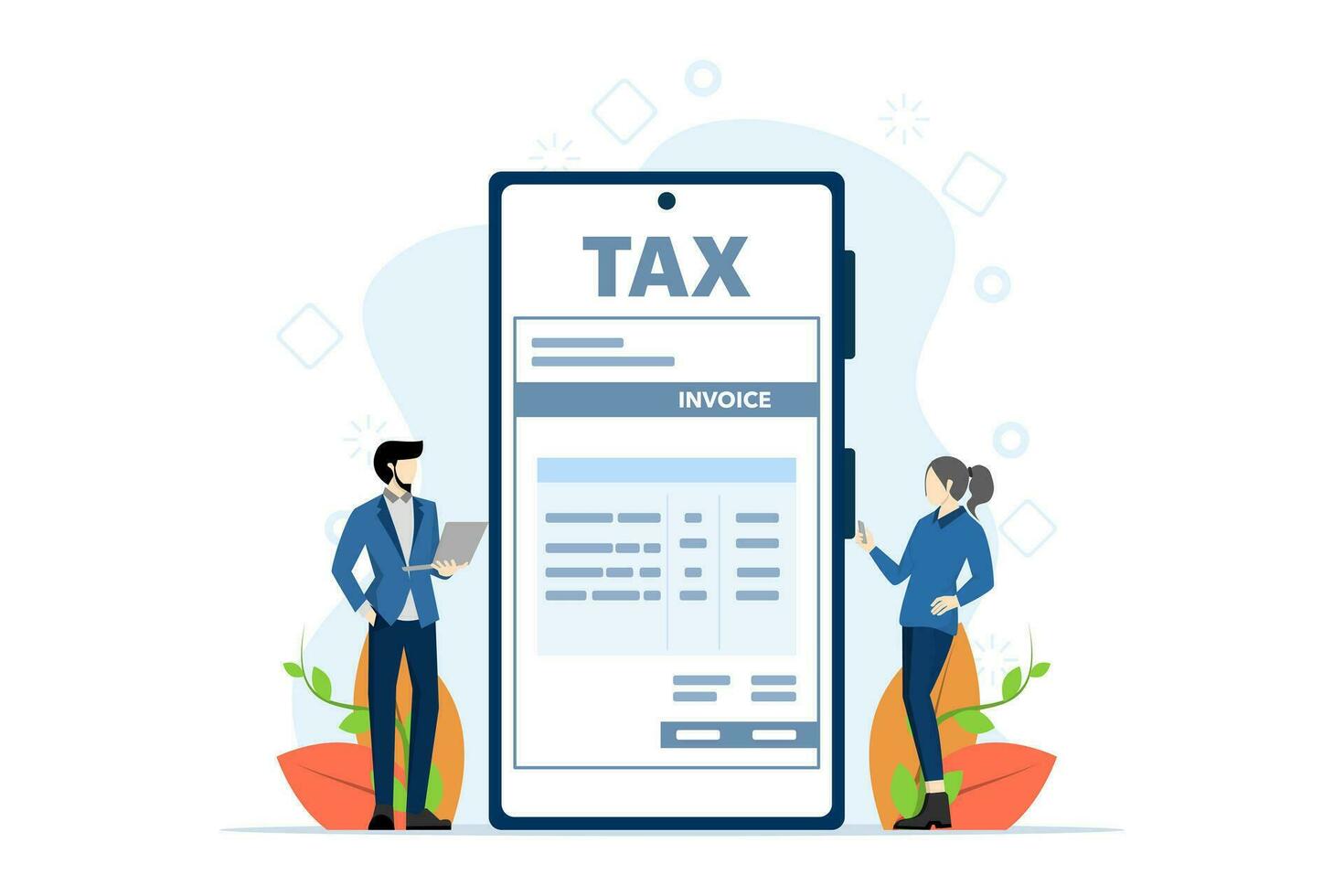 Taxation concept. tax statement. The character prepares documents to calculate taxes, creates income tax returns, and calculates business invoices. Flat vector illustration on white background.