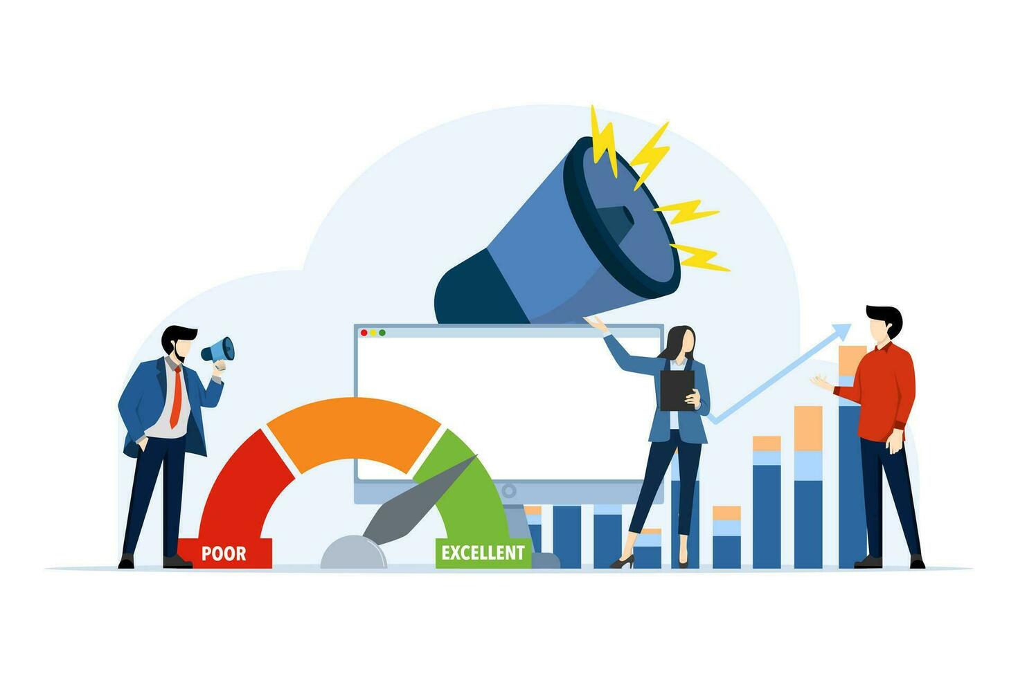 concepts of marketing, promotion, impactful communication and digital marketing. Big laptop and noisy megaphone, Speaker announces news to target audience. flat vector illustration.