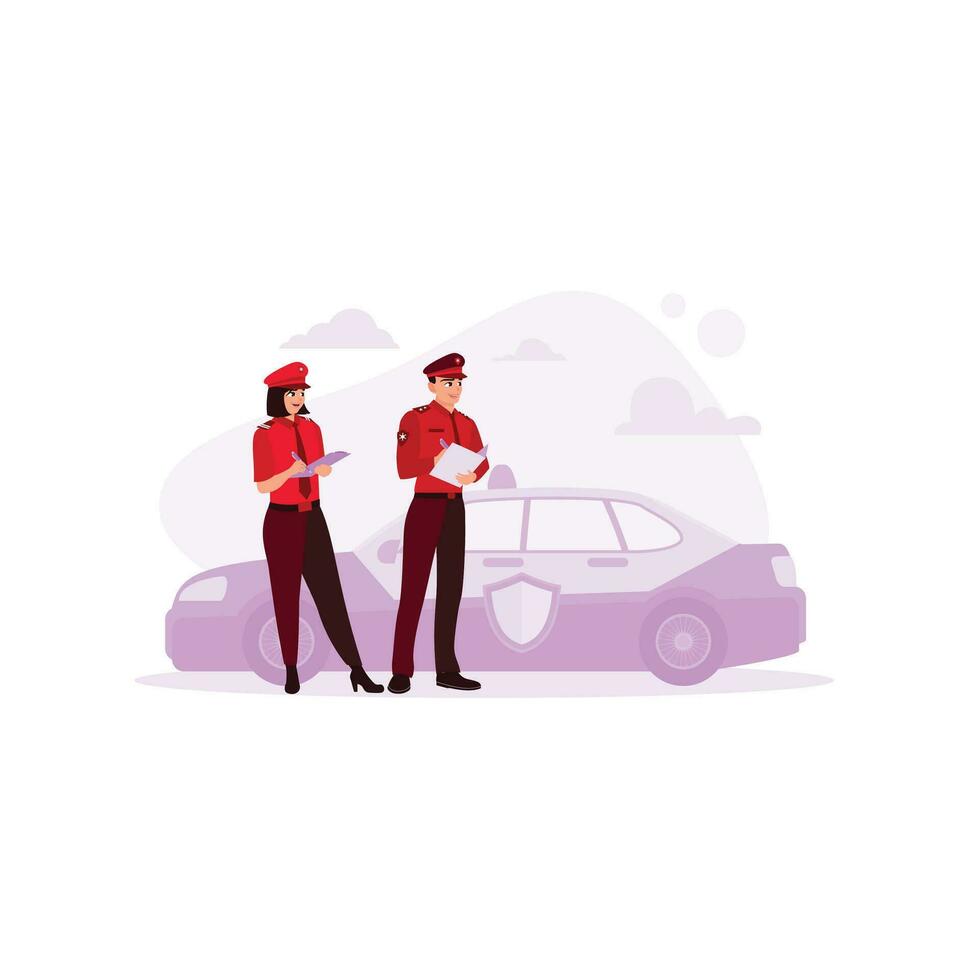 Two different police officers wearing uniforms are standing next to a police car. They write traffic well and are relaxed on the road. Various occupations people concept. vector