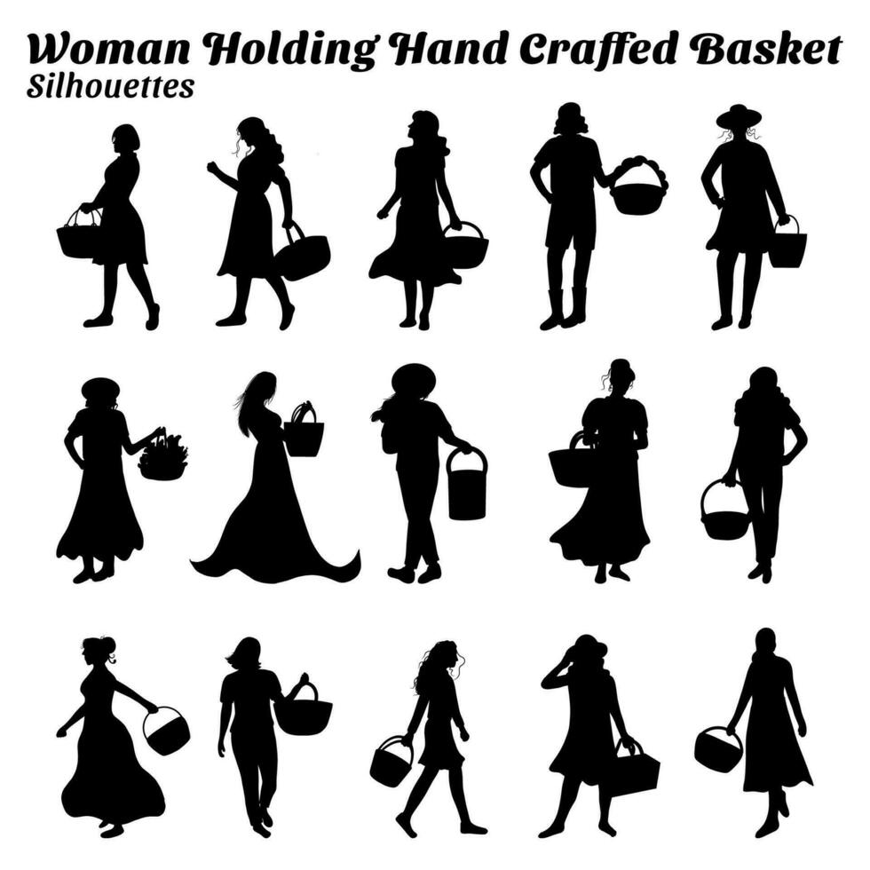 Collection of illustrations of silhouettes of woman holding handicraft basket vector