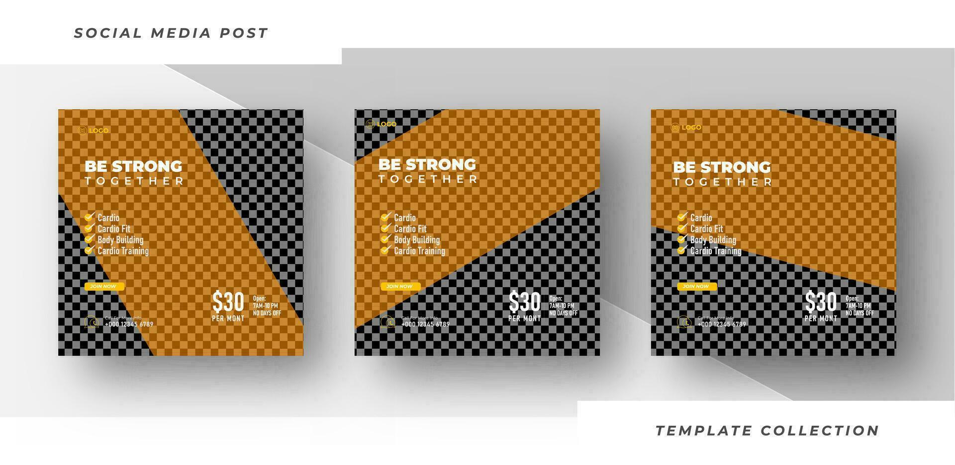 Be Strong together template gym, Workout, fitness and Sports social media post banner, fitness gym social media post banner design. Pro Vector