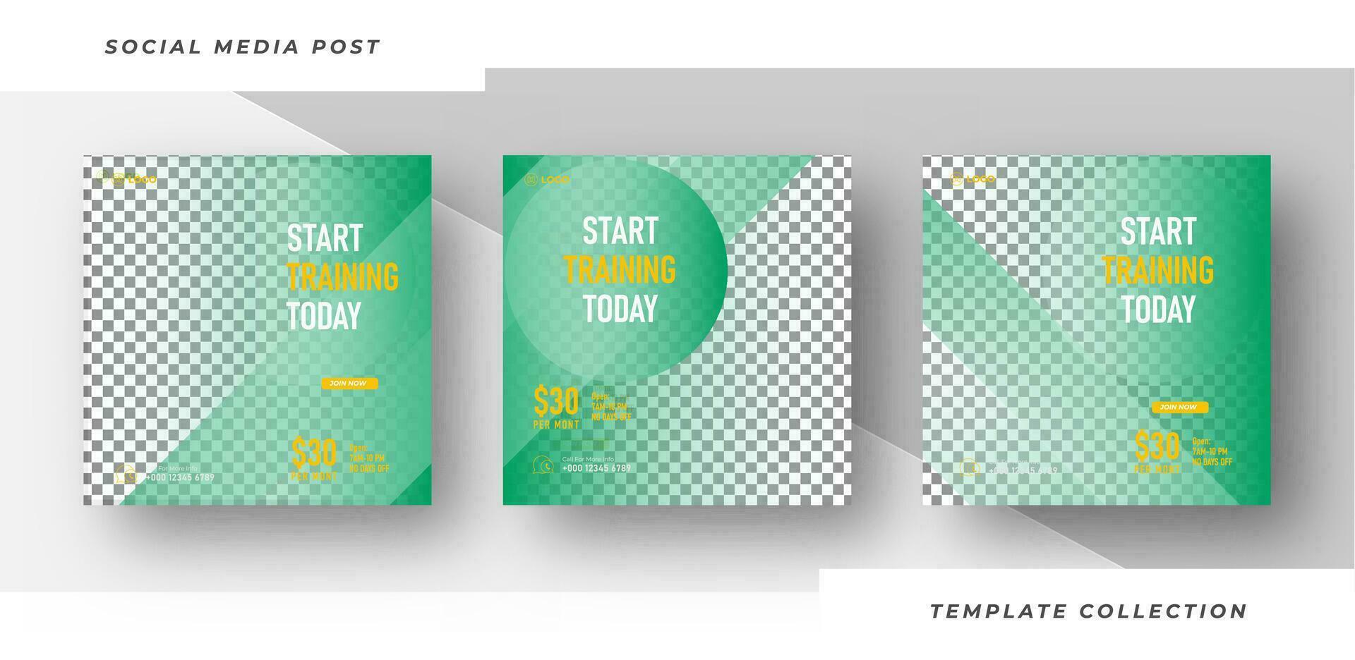 Start training template gym, Workout, fitness and Sports social media post banner, fitness gym social media post banner design. Pro Vector