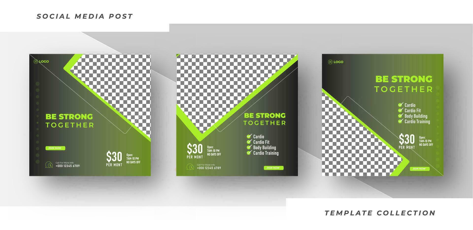 Be Strong together template gym, Workout, fitness and Sports social media post banner, fitness gym social media post banner design. Pro Vector