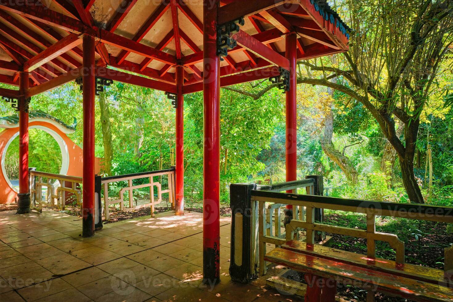Chinese style pavilion in asian part of tropical botanical garden in Lisbon, Portugal photo