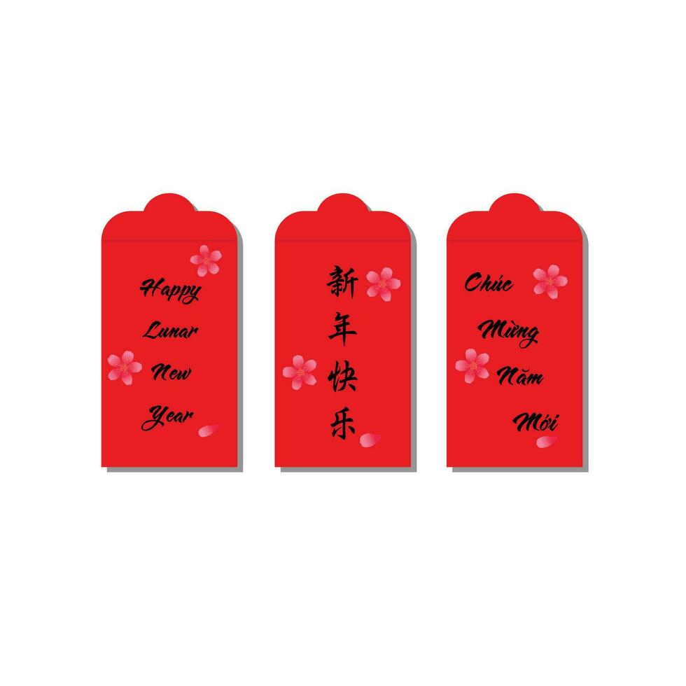 Red envelope with Happy new year in Chinese, English, Vietnamese. Flat vector illustration isolated on white background. Element for spring, lunar new year, chinese new year concept.