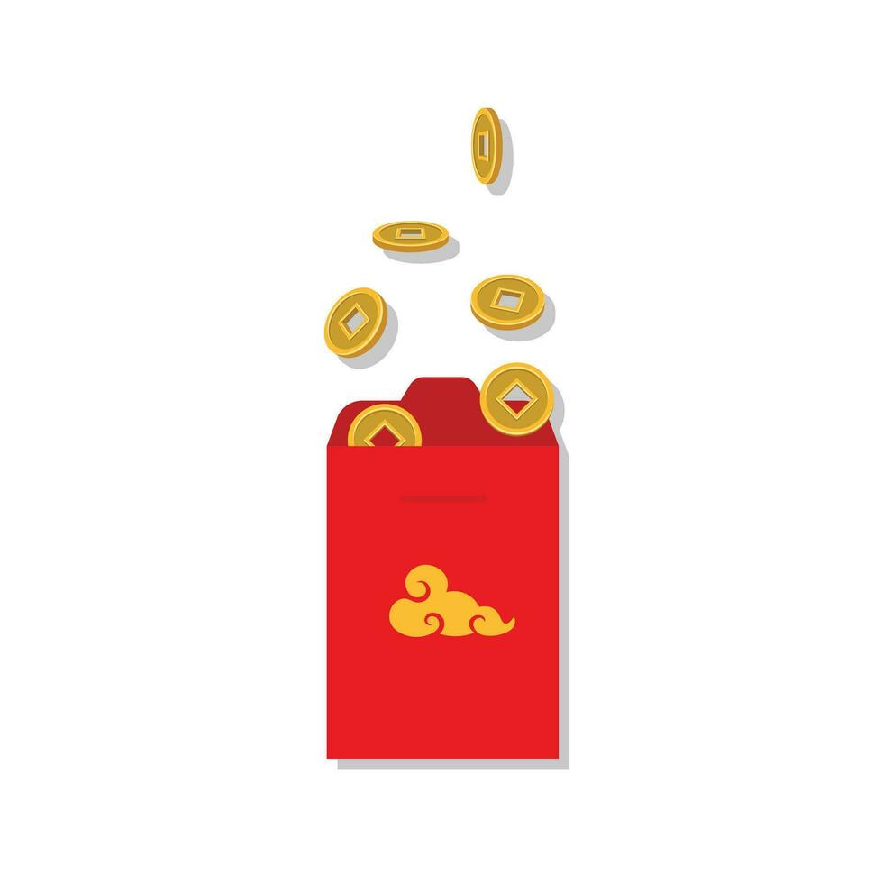 Red envelope and lucky money flat vector illustration isolated on white background. Element for asian lunar new year, chinese new year concept. Clip art for greating card, banner, web, sticker.