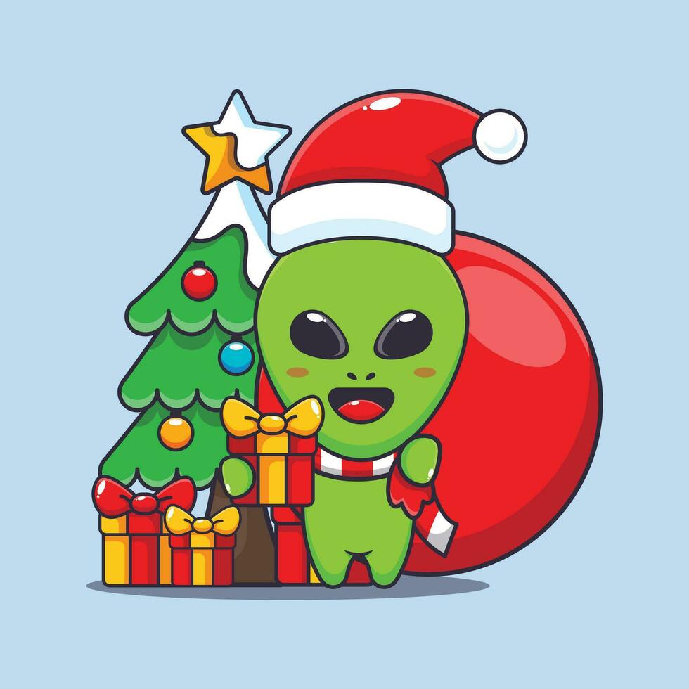 Cute alien carrying christmas gift. Cute christmas cartoon character illustration. vector