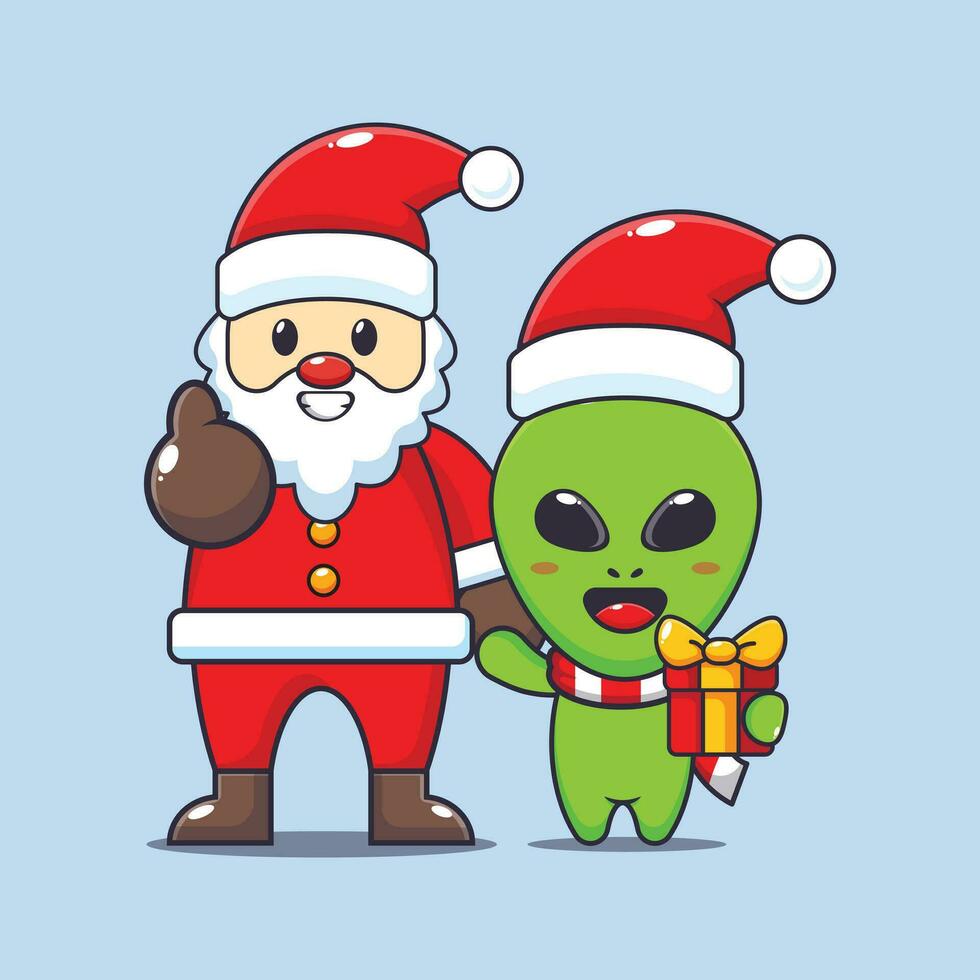 Cute alien with santa claus. Cute christmas cartoon character illustration. vector