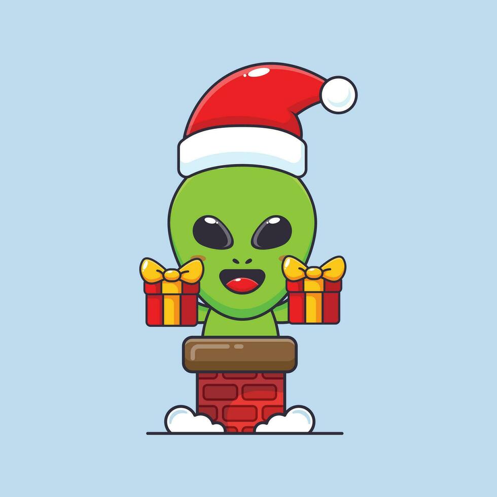 Cute alien with santa hat in the chimney. Cute christmas cartoon character illustration. vector