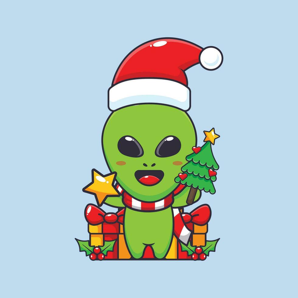 Cute alien holding star and christmas tree. Cute christmas cartoon character illustration. vector