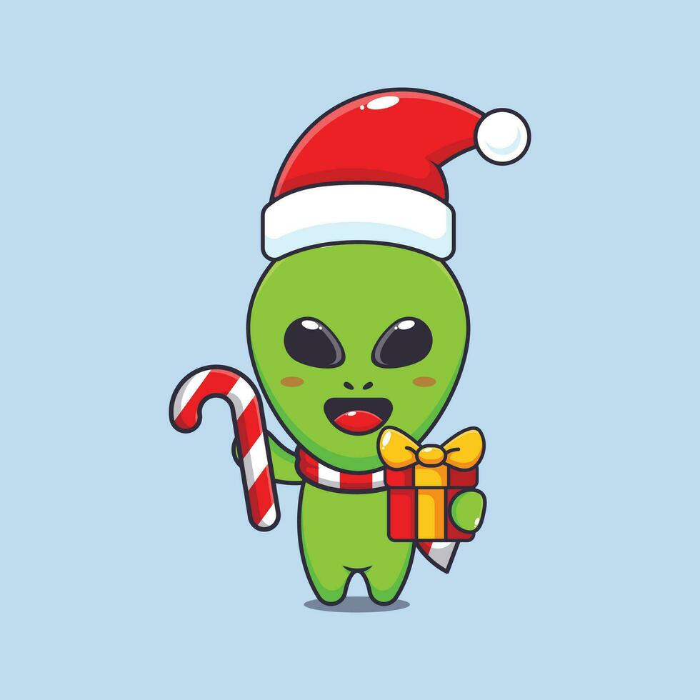 Cute alien holding christmas candy and gift. Cute christmas cartoon character illustration. vector