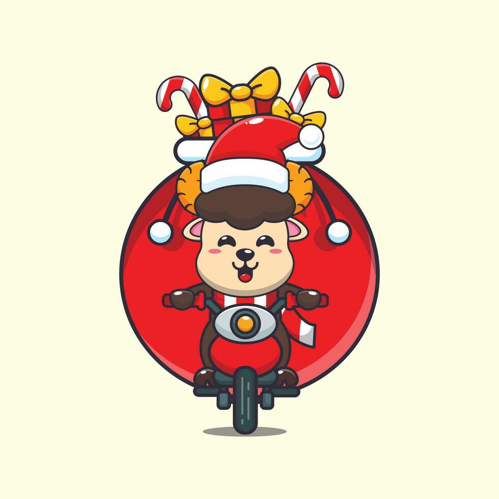 Cute ram sheep carrying christmas gift with motorcycle. Cute christmas cartoon character illustration. vector